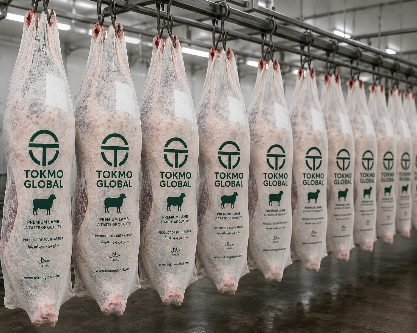 Row of Tokmo Global branded halal lamb carcasses on abattoir rail