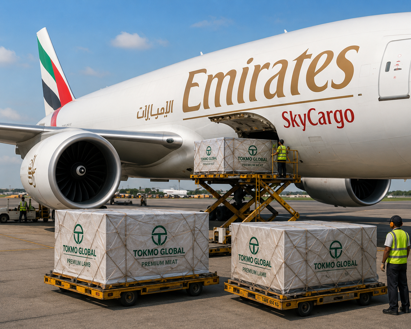 Tokmo Global premium meat pallets being loaded onto Emirates SkyCargo freighter