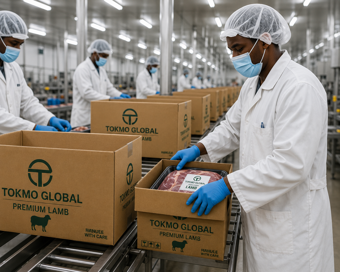 Workers packaging Tokmo Global premium lamb into export cartons