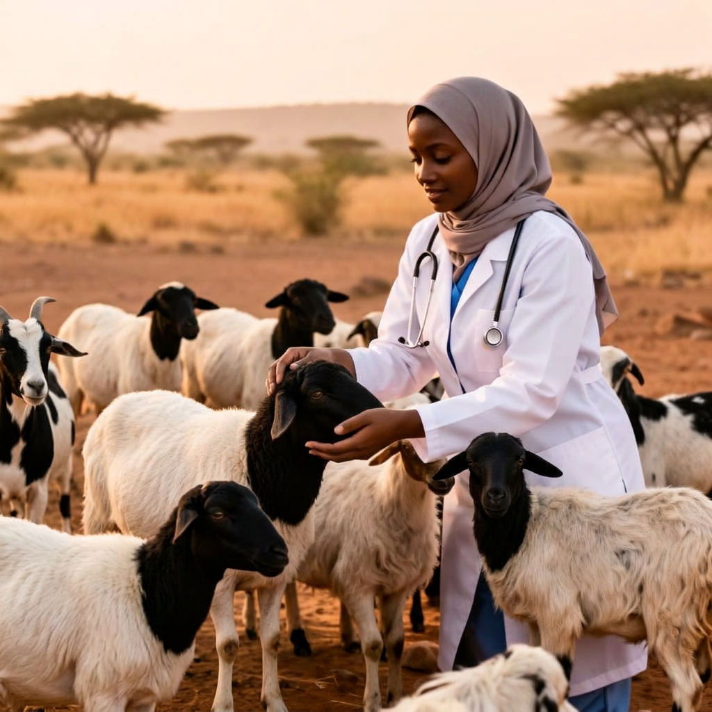 Veterinarian examining sheep and goats